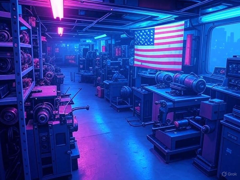 Cyberpunk machine shop with American flag